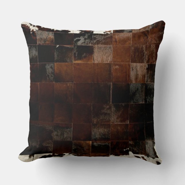 Tan Cowhide Patchwork Print Cushion (Front)