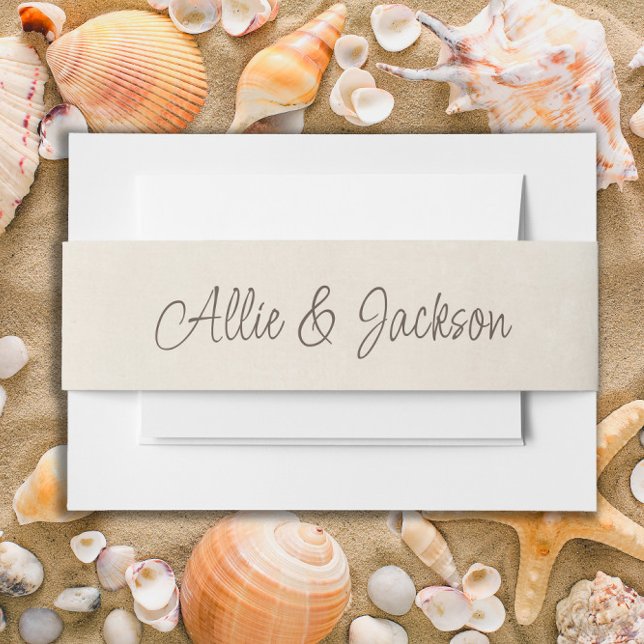 Tan Cream Bride Groom Names Wedding  Invitation Belly Band (Cream-colored casual script beach/sea shell wedding stationery belly band)