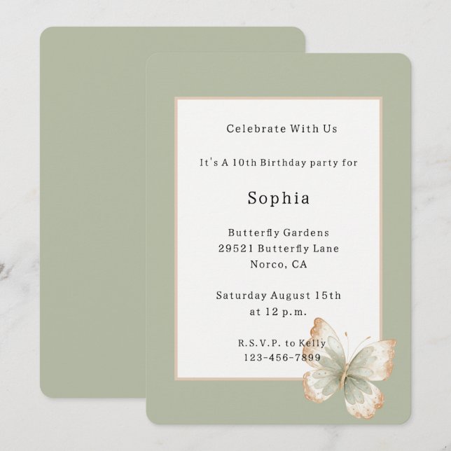 Tan Cream Green Butterfly Birthday  Invitation (Front/Back)