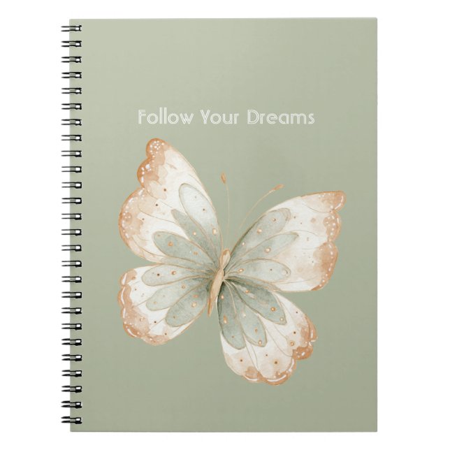 Tan Cream Green Butterfly Dreams Notebook (Front)