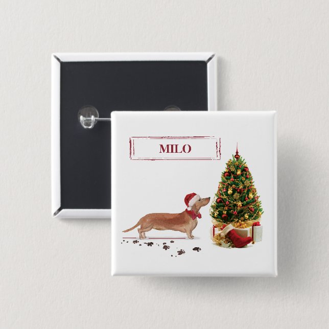 Tan Dachshund Funny Christmas Dog with Tree 15 Cm Square Badge (Front & Back)