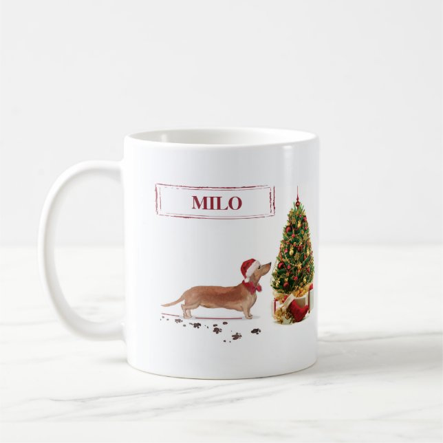 Tan Dachshund Funny Christmas Dog with Tree Coffee Mug (Left)