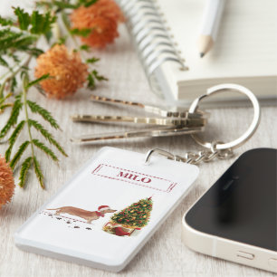 Tan Dachshund Funny Christmas Dog with Tree Key Ring