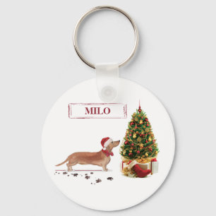 Tan Dachshund Funny Christmas Dog with Tree Key Ring
