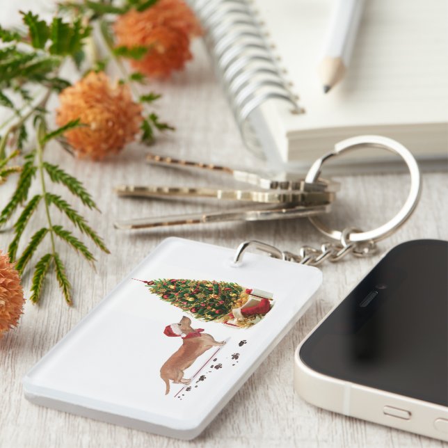 Tan Dachshund Funny Christmas Dog with Tree Key Ring (Front Right)
