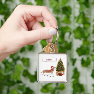 Tan Dachshund Funny Christmas Dog with Tree Key Ring