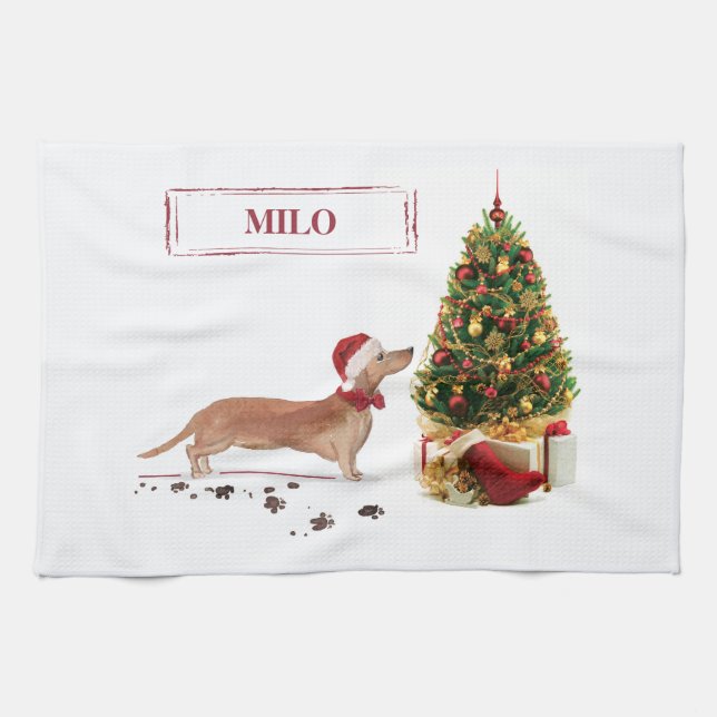 Tan Dachshund Funny Christmas Dog with Tree Tea Towel (Horizontal)