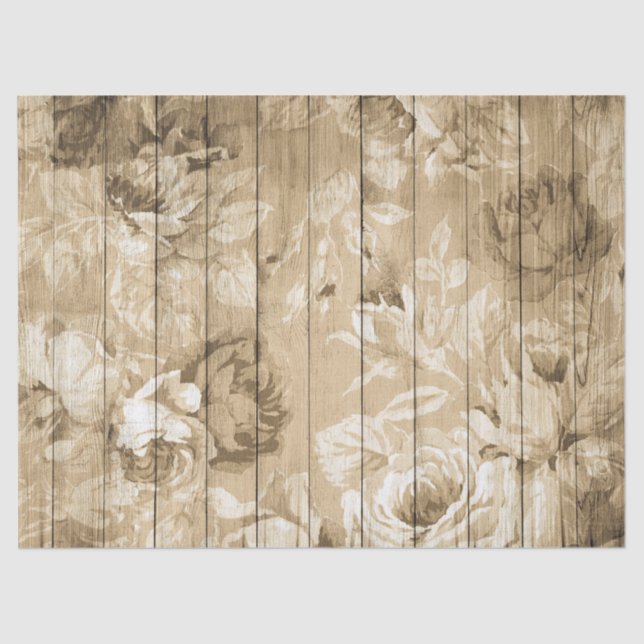 Tan Distressed Rustic Roses on Wood Decoupage Tissue Paper (Front)