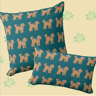 Tan Doodle Dog Dark Blue Green Pillow