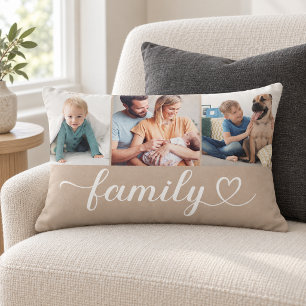 Tan Family Heart Script 3 Photo Collage Lumbar Cushion