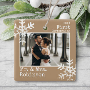 Tan First Christmas Married Photo Ceramic Ornament