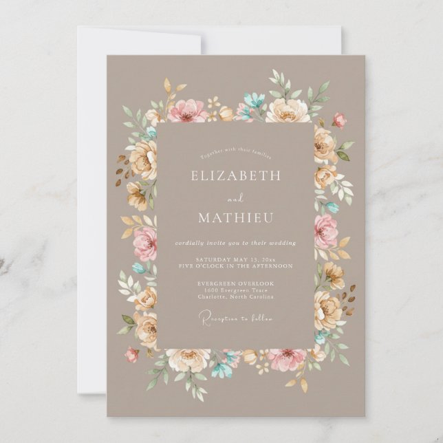 Tan Floral Arrangement Romance Wedding Invitation (Front)