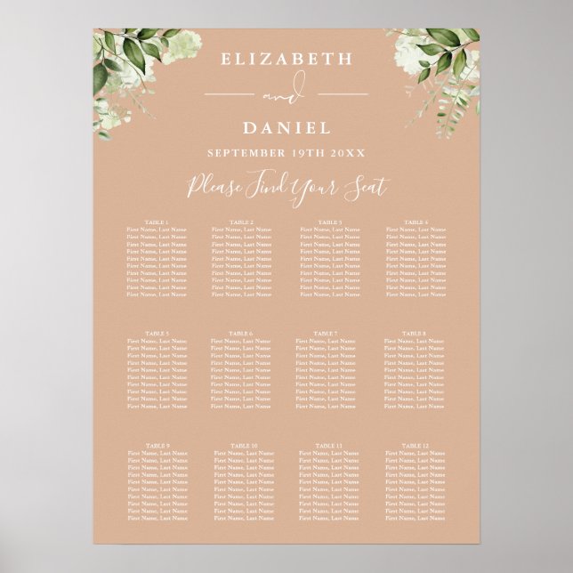 Tan Floral Greenery Wedding Seating Chart (Front)
