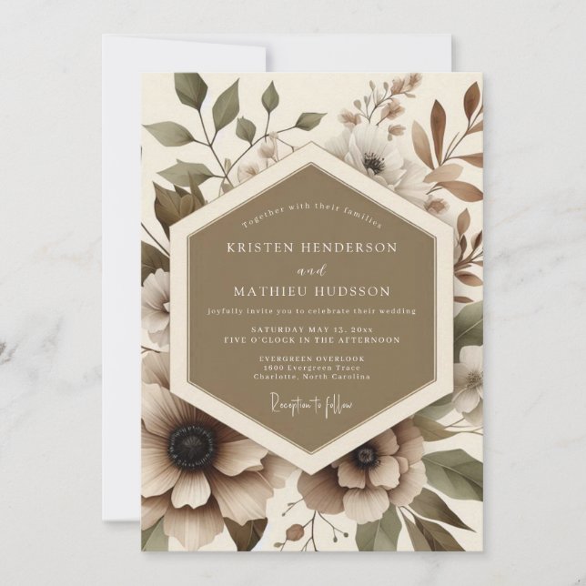 Tan Floral Romantic Wedding Invitation (Front)