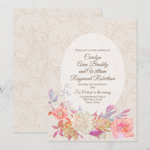 Tan Flourish Damask Colourful Floral Wedding Invitation