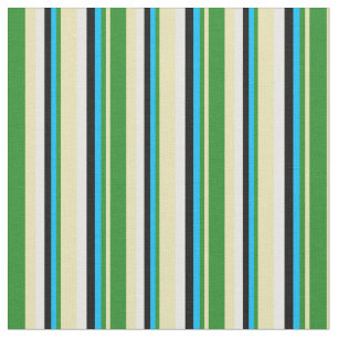 Tan, Forest Green, Deep Sky Blue, Black, and White Fabric