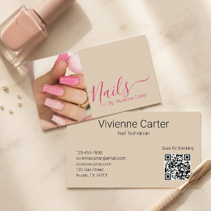 Tan Fuchsia Pink Script Photo Nail Artist QR Code Business Card