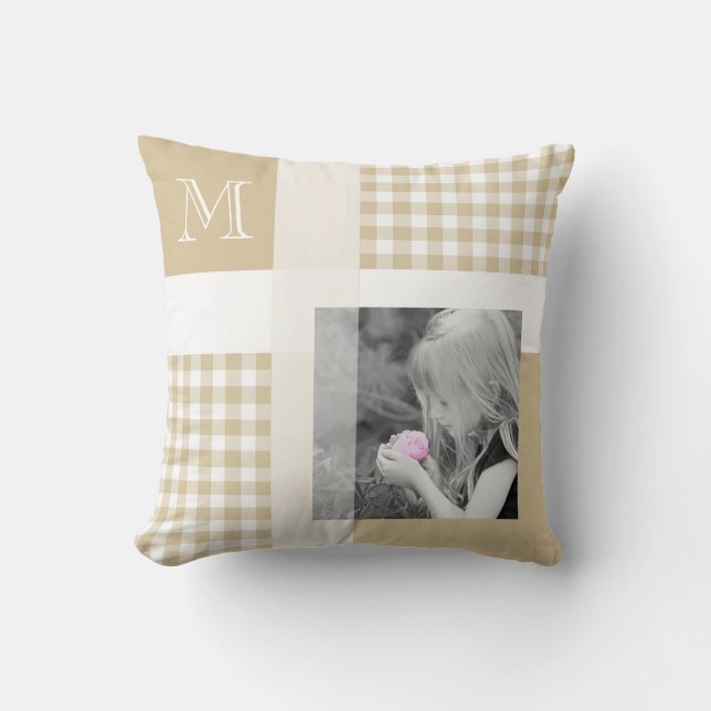 Tan Gingham Photo Monogram Cushion (Front)