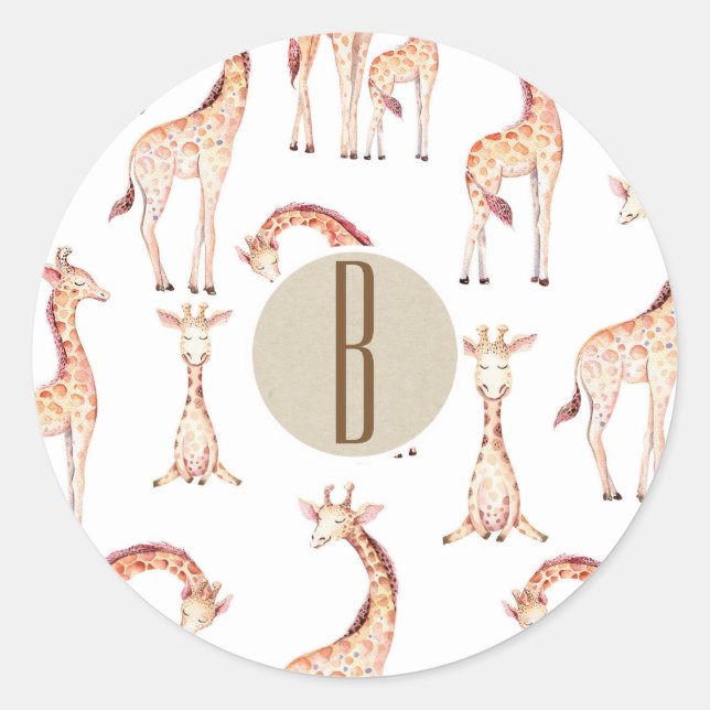 Tan Giraffes Baby Shower Monogram Party Favour Classic Round Sticker (Front)