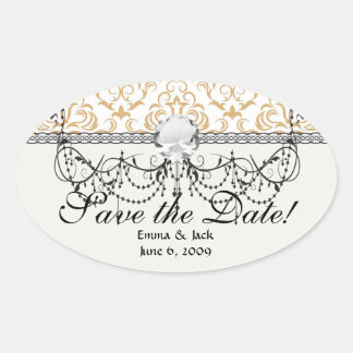 tan gold on white ornate damask pattern oval sticker
