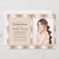 Tan Gold Satin Pearls Jewels Photo Quinceañera