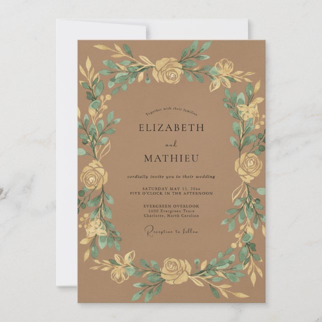 Tan Gold Wreath Wedding Invitation (Front)