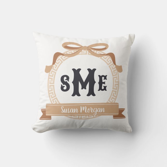 Tan Greek Key Bow Monogram Cushion (Front)