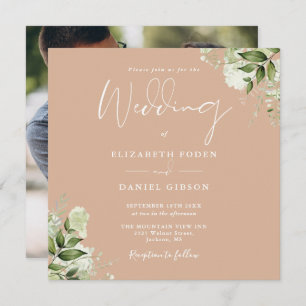 Tan Greenery Floral Photo Square Wedding Invitation
