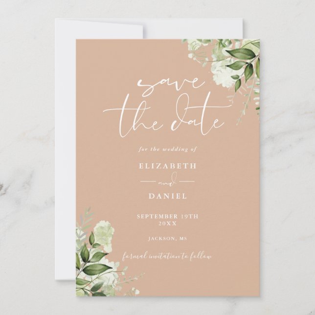 Tan Greenery Floral QR Code Wedding Save The Date (Front)