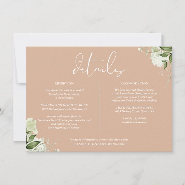 Tan Greenery Floral Wedding Details Information Invitation (Front)