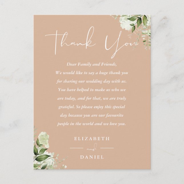 Tan Greenery Thank You Wedding Place Card (Front)