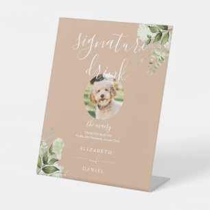 Tan Greenery Wedding Pet Signature Drink Pedestal Sign