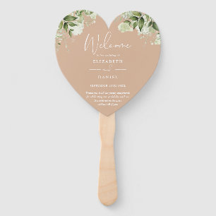 Tan Greenery Wedding Program Heart Hand Fan