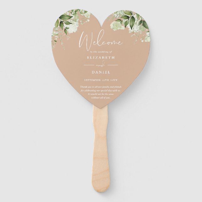 Tan Greenery Wedding Program Heart Hand Fan (Front)