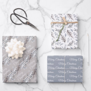 Tan, Grey and Blue Winter Foliage Merry Christmas Wrapping Paper Sheet