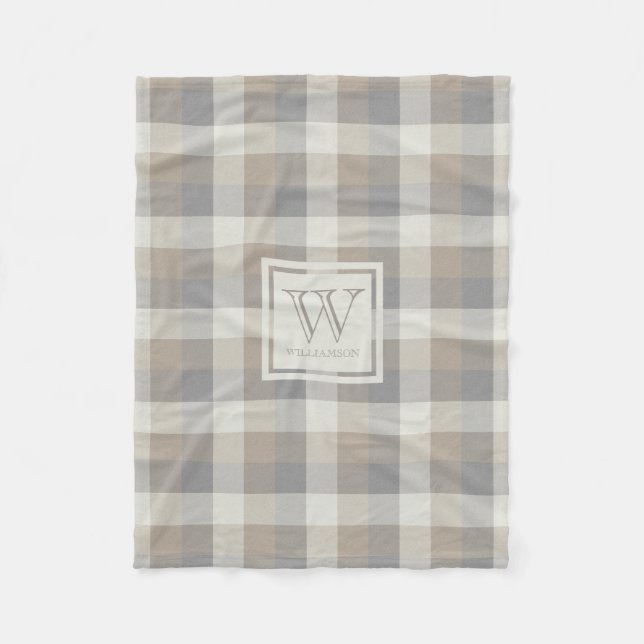 Tan Grey and Ivory Neutral Rustic Plaid Monogram Fleece Blanket (Front)