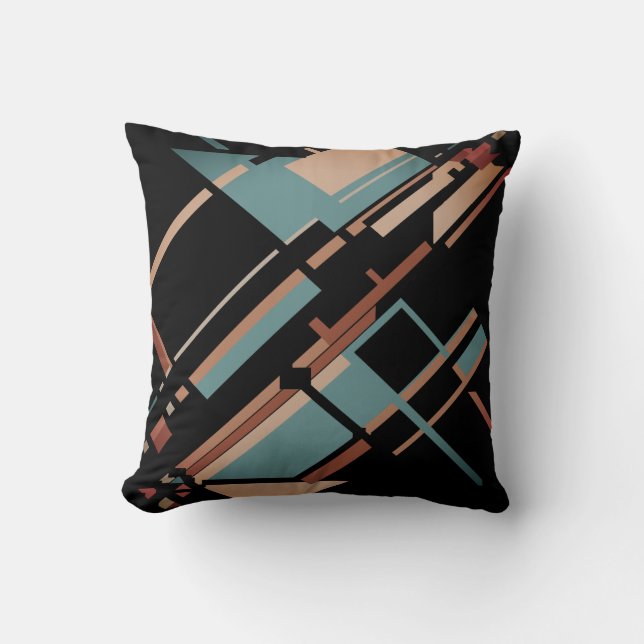 Tan Grey-Green Rust on Black Diagonal Abstract Cushion (Front)