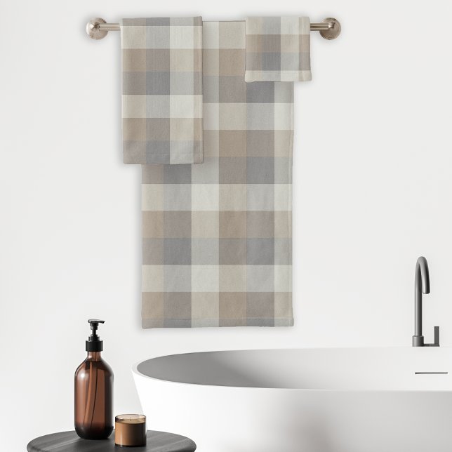 Tan Grey Ivory Neutral Rustic Plaid Bath Towel Set (Creator Uploaded)