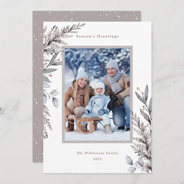 Tan & Grey Winter Botanicals Watercolor Photo Holiday Card (Front/Back)