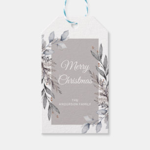 Tan & Grey Winter Foliage Merry Christmas Gift Tags