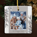 Tan & Grey Winter Foliage Photo Christmas Ceramic Ornament<br><div class="desc">This photo Christmas ornament features muted tan and grey watercolor winter foliage. Personalise this elegant Christmas ornament with your family photo.</div>