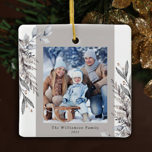 Tan & Grey Winter Foliage Photo Christmas Ceramic Ornament