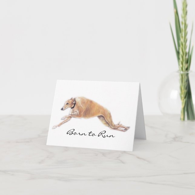 Tan Greyhound Born to Run Dog Art Note Card (Front)