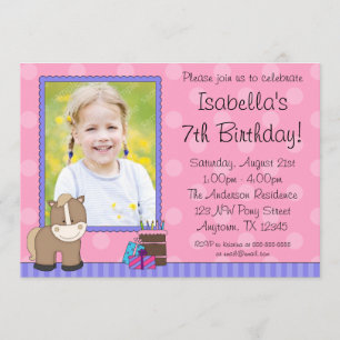 Tan Horse Pink Polka Dots Photo Birthday Party Invitation