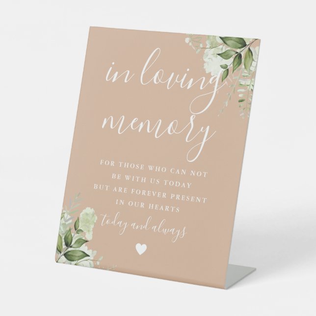 Tan In Loving Memory Greenery Wedding Pedestal Sign (Front)