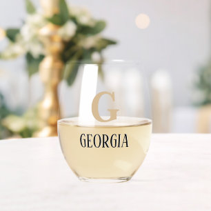 Tan Initial and Black Name Modern Stemless Wine Glass