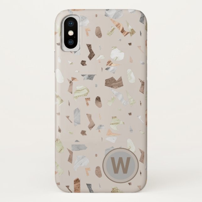 Tan Italian Terrazzo Tile Monogrammed Case-Mate iPhone Case (Back)