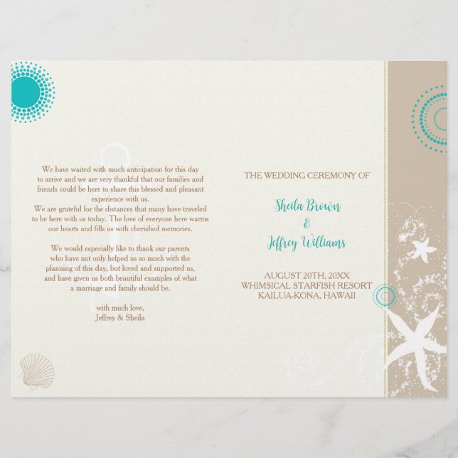 Tan Ivory Aqua Beach Wedding BiFold Program (Front)