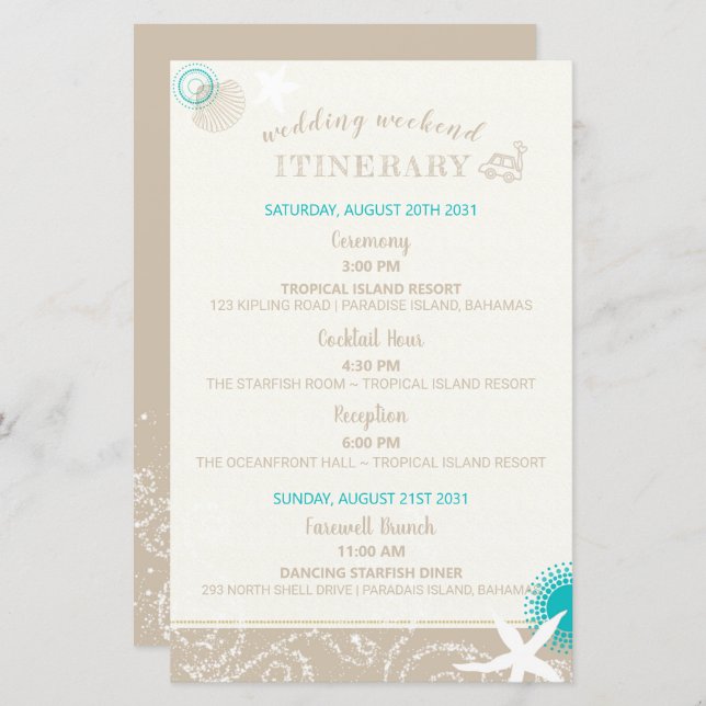 Tan Ivory Cute Beach Wedding Itinerary (Front/Back)
