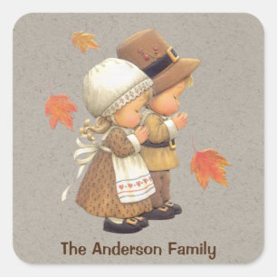 Tan Kraft Pilgrims Personalised Thanksgiving Square Sticker